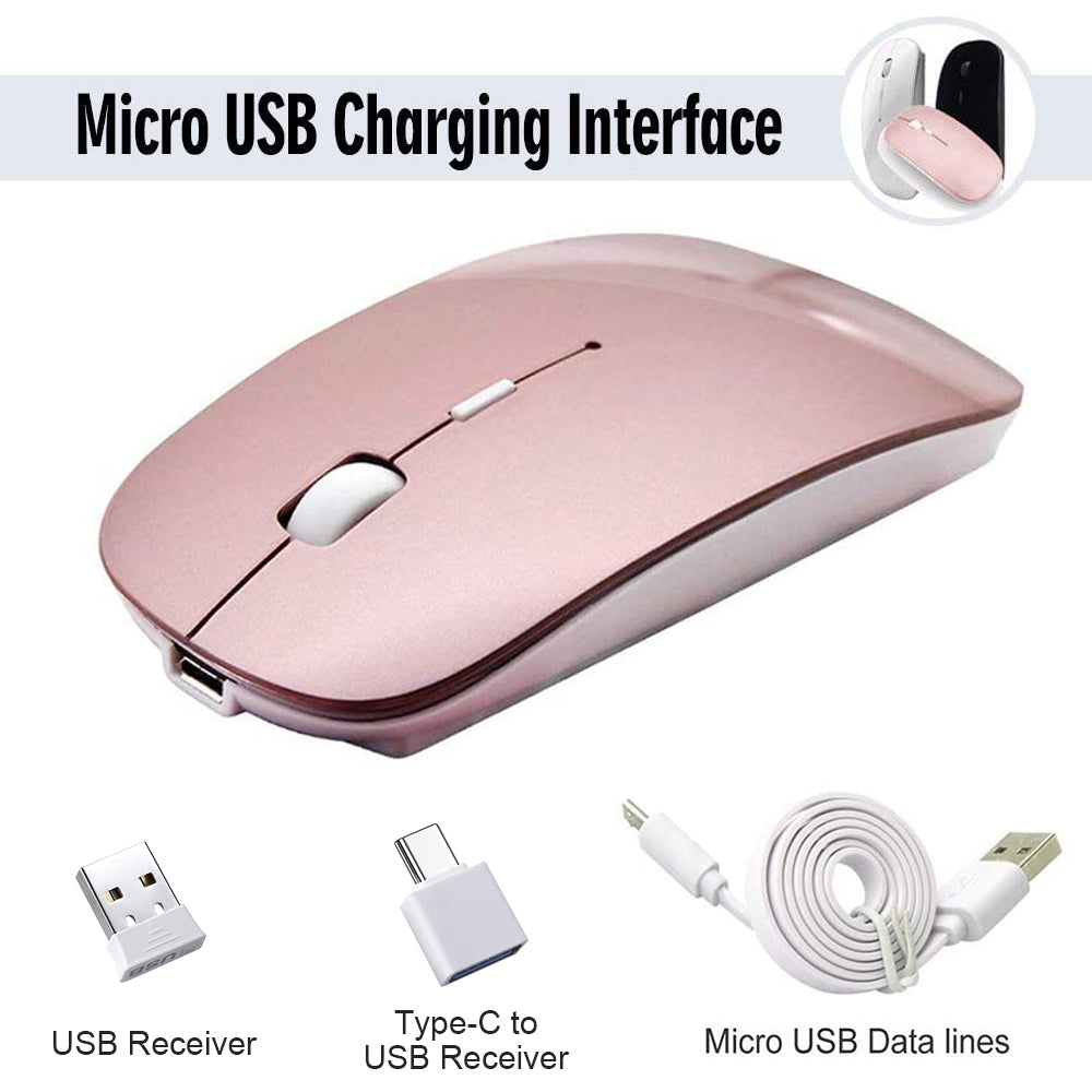 Rechargeable Wireless Mouse, 2win2buy 2.4G Optical Sensor Slim Cordless Mice with Nano USB Receiver (Stored in Back of The Mouse) for PC, Laptop, Computer, Notebook, Desktop (Rose Gold)