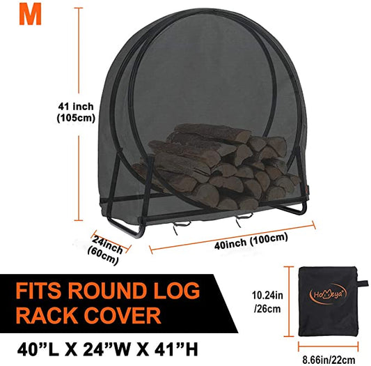 Firewood Log Rack Cover, Outdoor Waterproof Log Hoop Cover, Windproof Dry Wood Pile Holder Storage Tarp Cover Heavy Duty UV Resistant Sun Snow Rain Durable PVC Backing Protector fit 4 Seasons Black