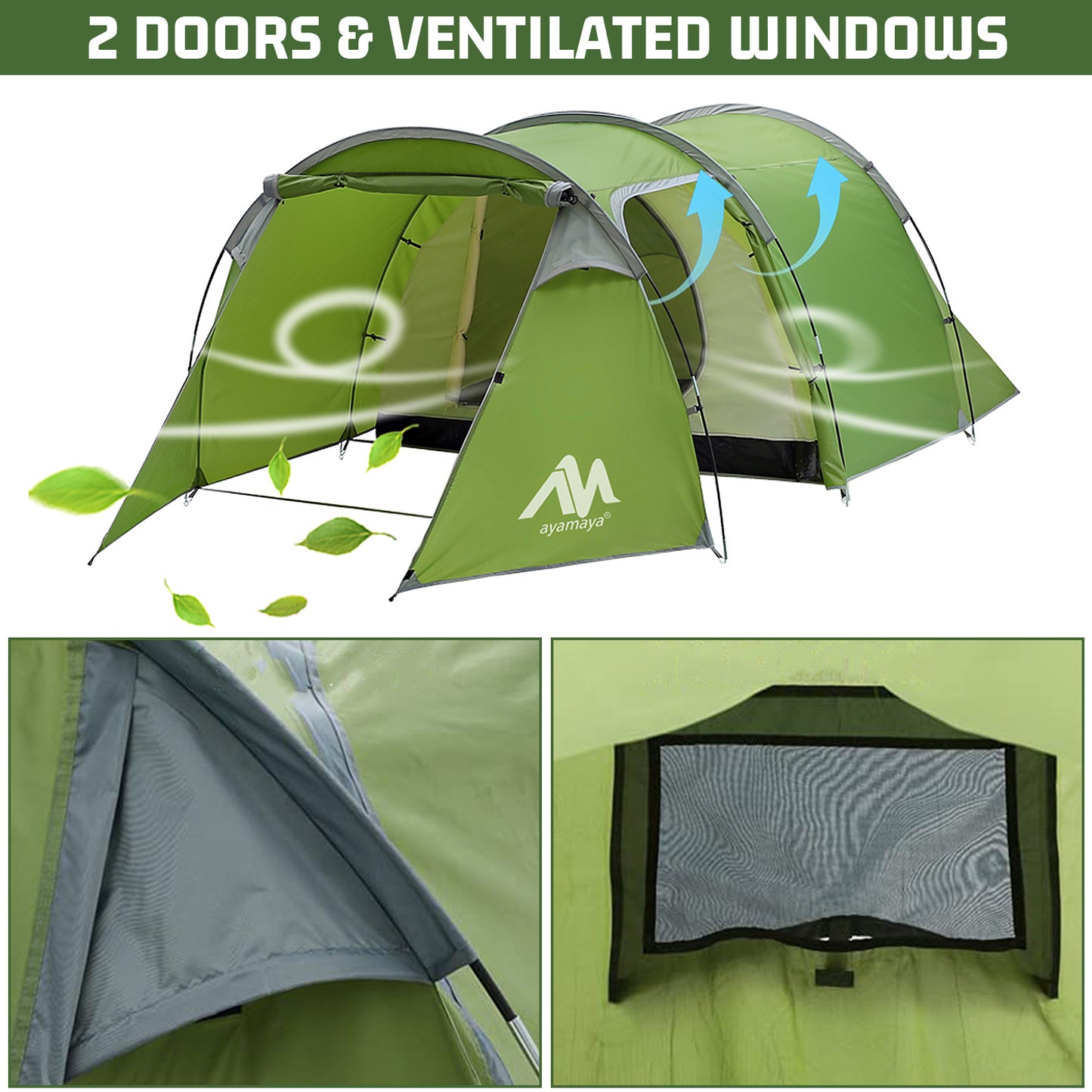 Camping Tents 3-4 Person, Double Layers Waterproof Backpacking Tents with Porch Quick Easy Set Up 2 Doors 4 Seasons Tents with Portable Carry Bag for Beach Picnic Hiking Travel Sports Outdoor