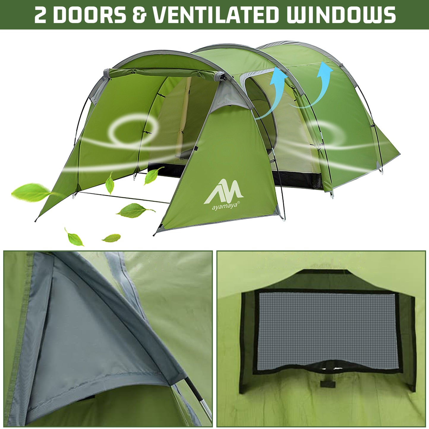 Camping Tents 3-4 Person, Double Layers Waterproof Backpacking Tents with Porch Quick Easy Set Up 2 Doors 4 Seasons Tents with Portable Carry Bag for Beach Picnic Hiking Travel Sports Outdoor