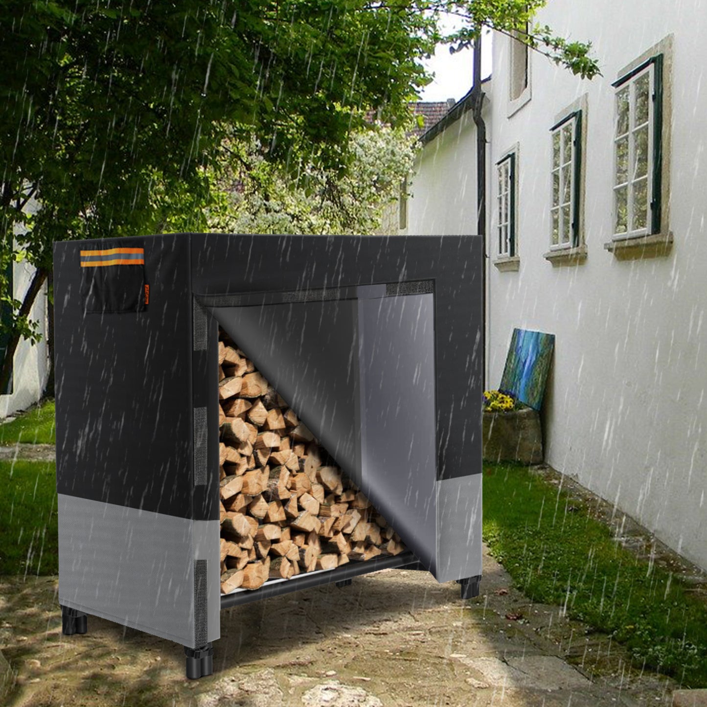 2win2buy Firewood Rack Cover, Waterproof Log Rack Cover, Windproof Dry Wood Pile Holder Storage Tarp Cover Heavy Duty Outdoor UV Resistant Sun Snow Rain Protector fit 4 Seasons Black (4feet-600D)