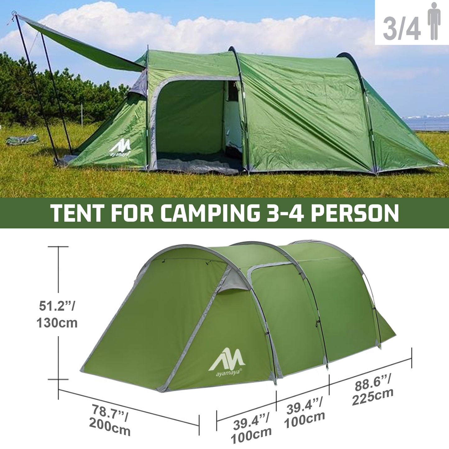 Camping Tents 3-4 Person, Double Layers Waterproof Backpacking Tents with Porch Quick Easy Set Up 2 Doors 4 Seasons Tents with Portable Carry Bag for Beach Picnic Hiking Travel Sports Outdoor