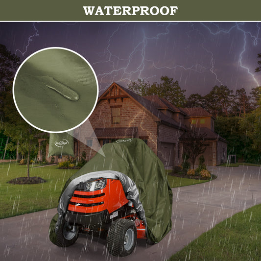 Riding Lawn Mower Cover, Heavy Duty 420D Oxford Outdoor Tractor Cover Waterproof UV Protection Lawn Mower Cover Fit Decks up to 54" with Drawstring & Storage Bag, Green