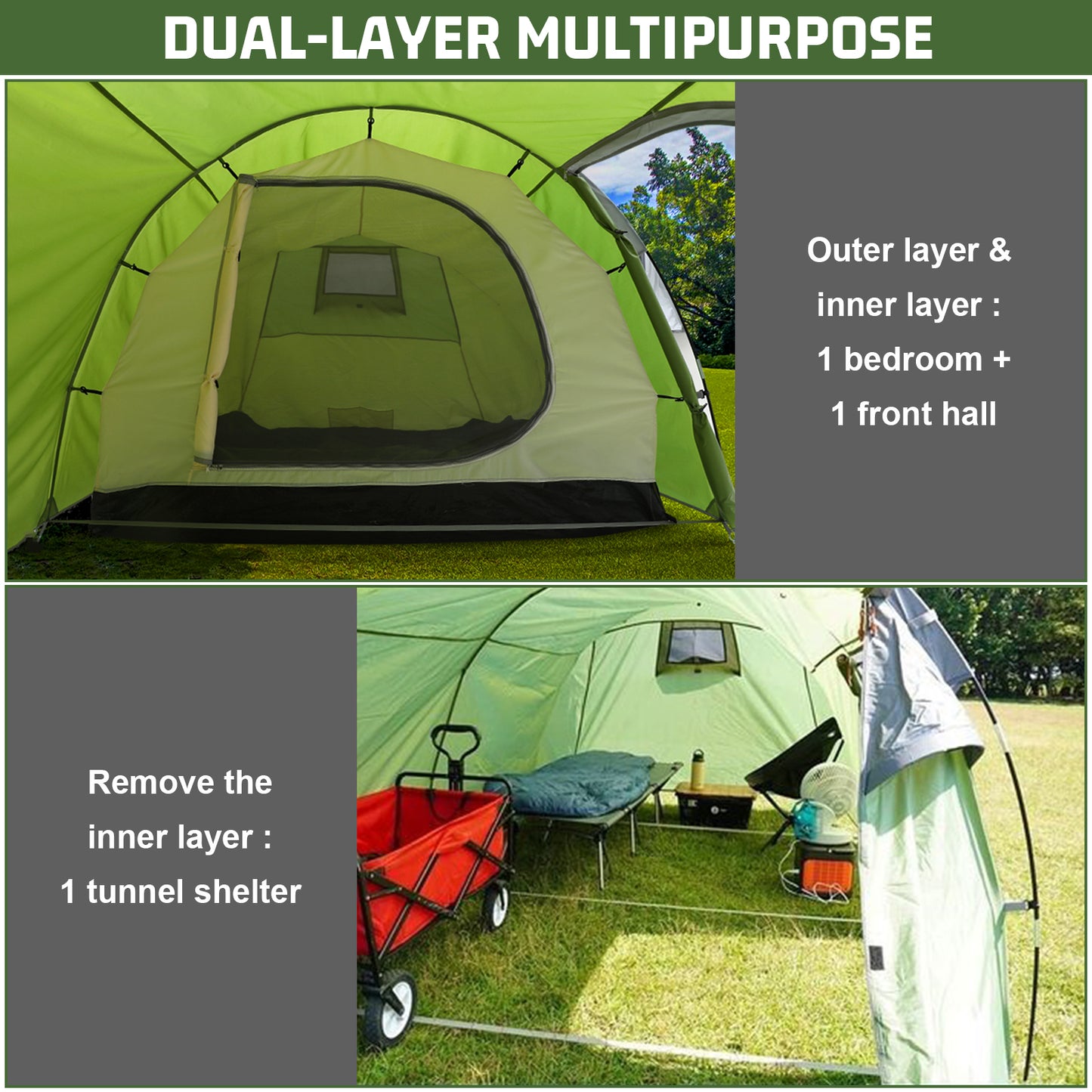 Camping Tents 3-4 Person, Double Layers Waterproof Backpacking Tents with Porch Quick Easy Set Up 2 Doors 4 Seasons Tents with Portable Carry Bag for Beach Picnic Hiking Travel Sports Outdoor